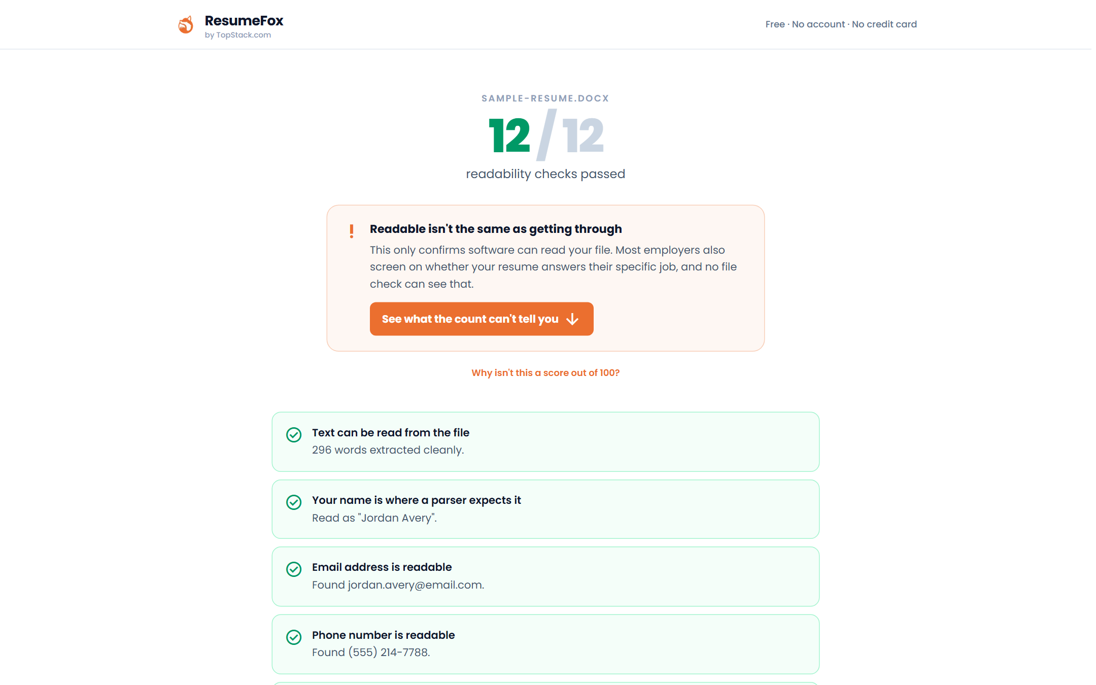 ATS check results for a sample resume: 12 of 12 readability checks passed, with each check listed alongside what it found, such as the name, email and phone number it read
