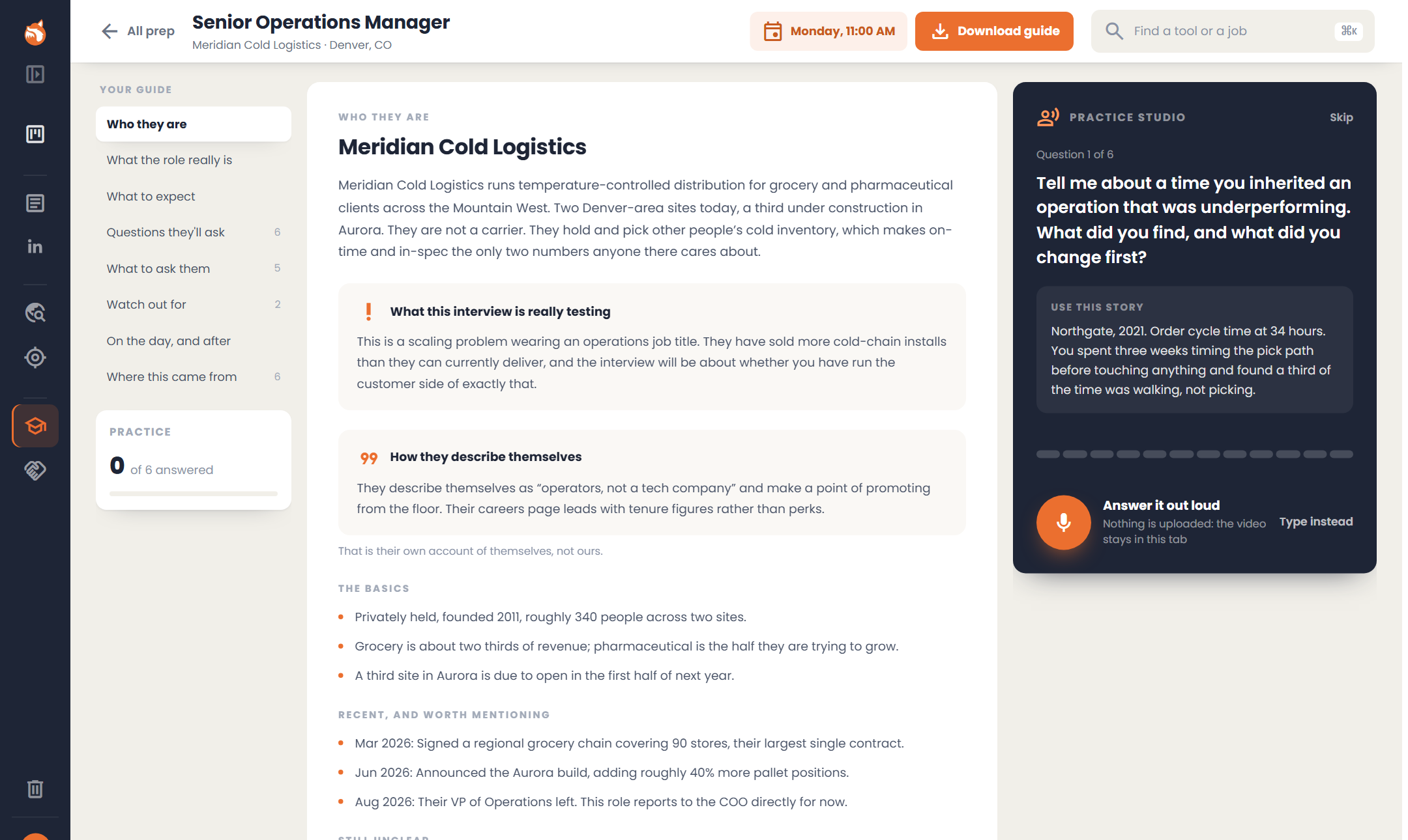 An interview guide open on Who they are, with the guide’s sections listed on the left and the practice studio on the right showing a question, the story from your history to use, and a button to answer it out loud