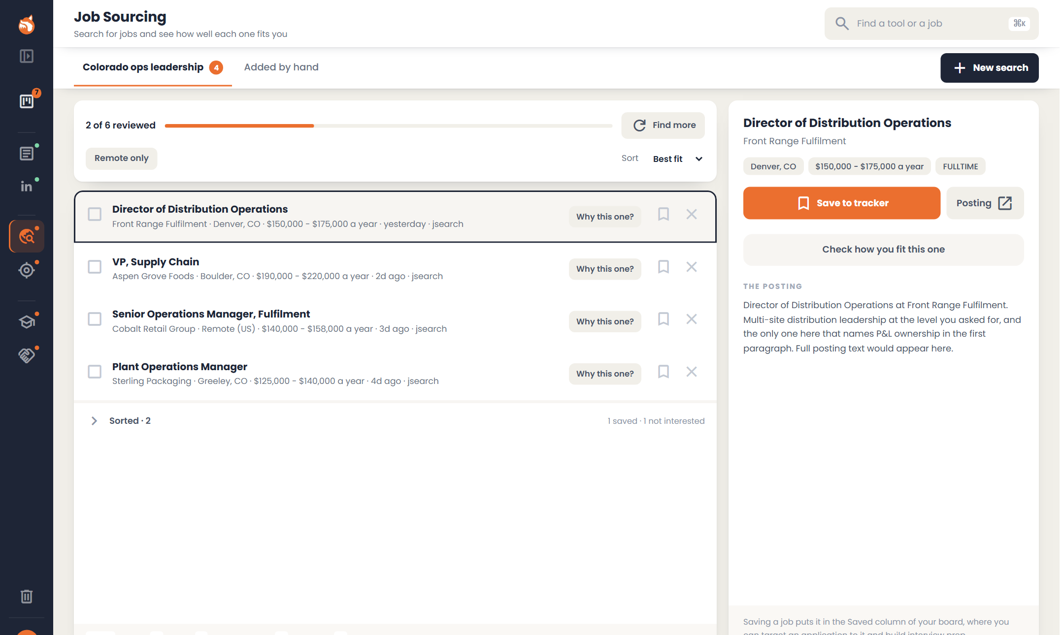 Job sourcing results under a named search tab, with a count of how many have been reviewed, a Why this one? button on each posting, and the selected posting open on the right with Save to board and Check how you fit this one