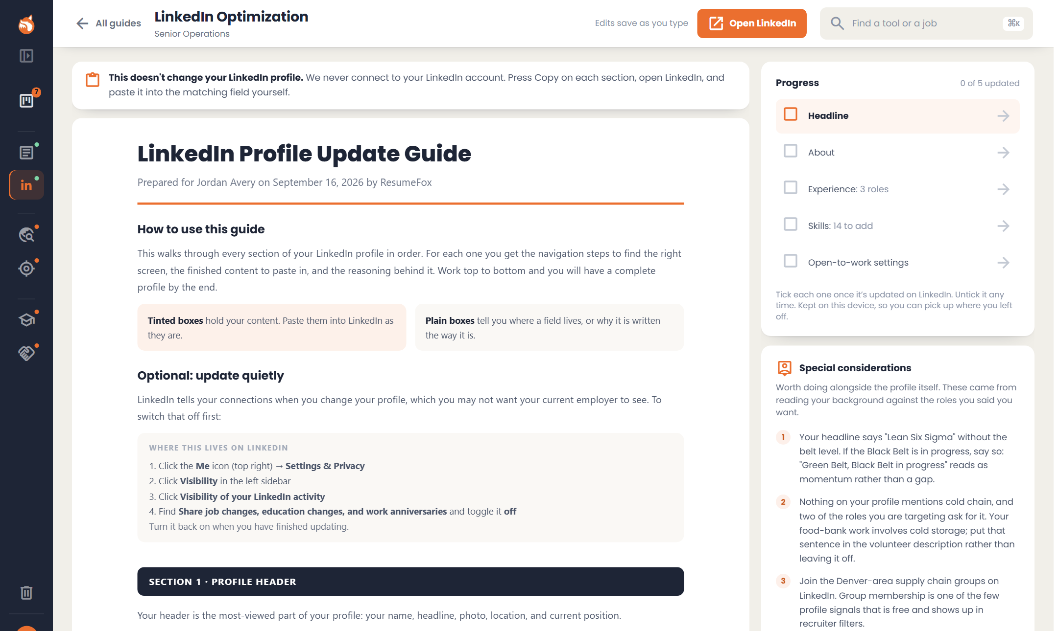 A LinkedIn profile update guide, with a progress checklist of the sections to update and a special considerations card beside it