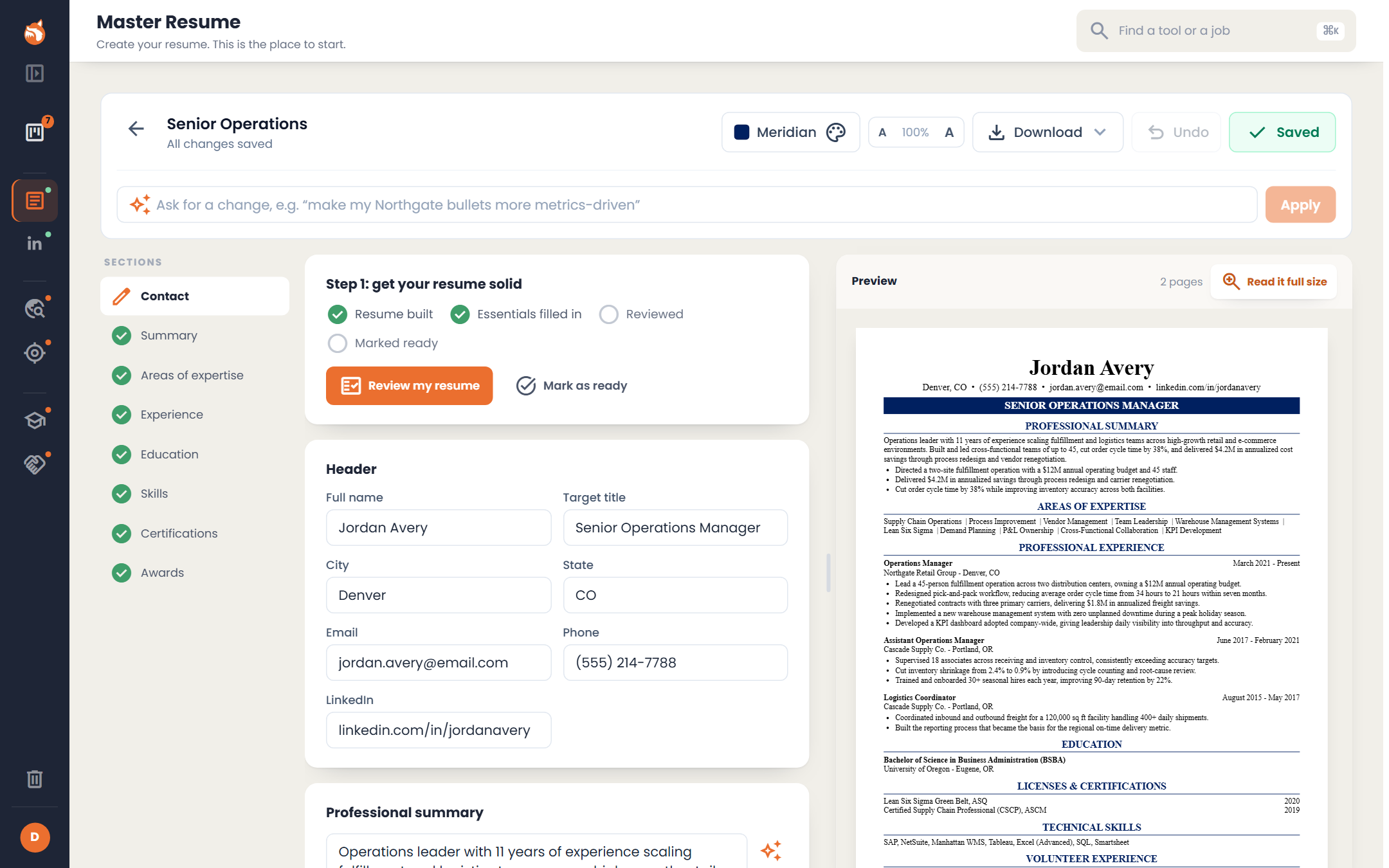The master resume editor: the resume’s sections listed on the left, the contact and summary fields in the middle, and a live preview of the two-page resume on the right with a Read it full size button