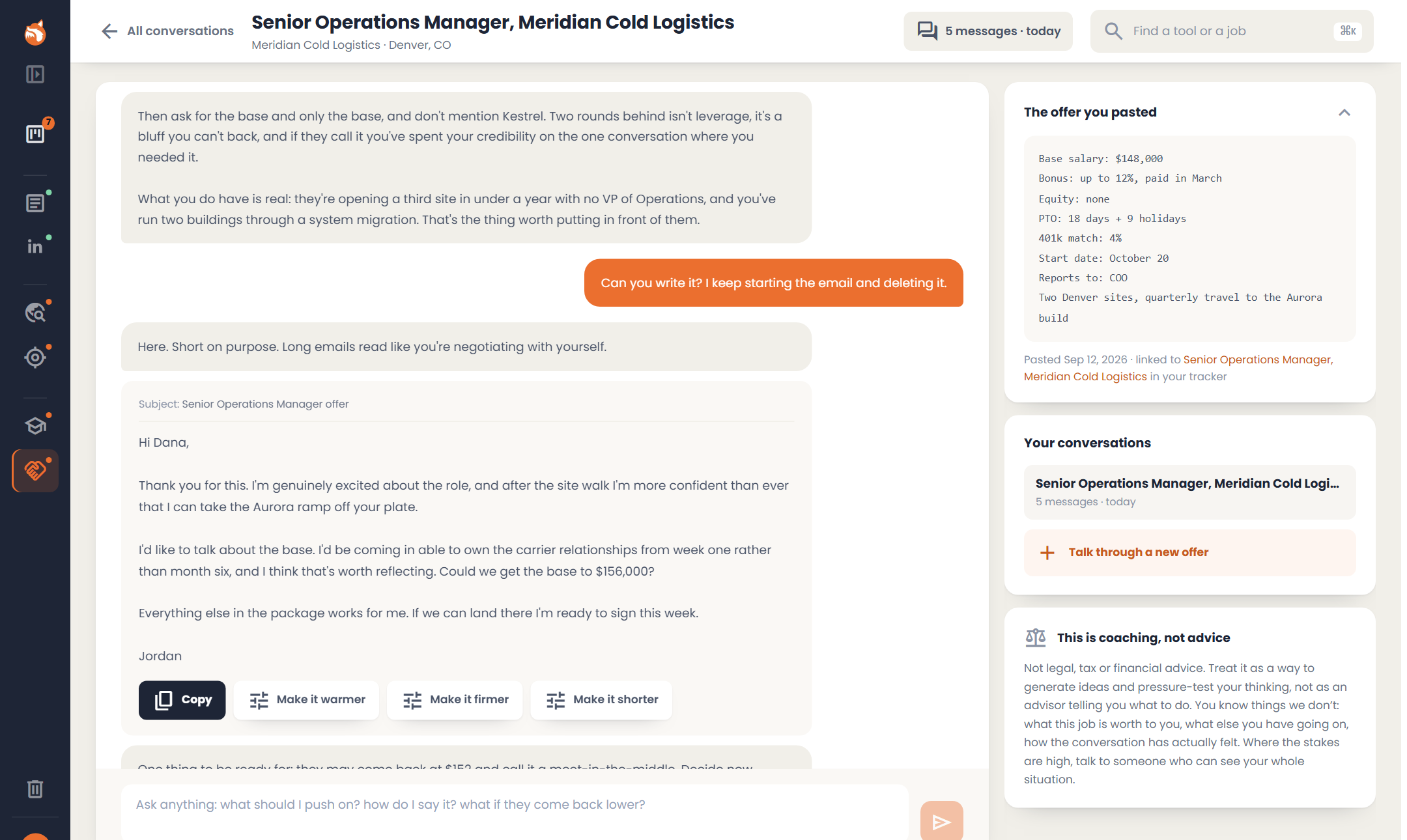 An offer negotiation conversation with a drafted counteroffer email, Copy and make it warmer, firmer or shorter buttons beneath it, and the pasted offer kept in a panel beside the conversation