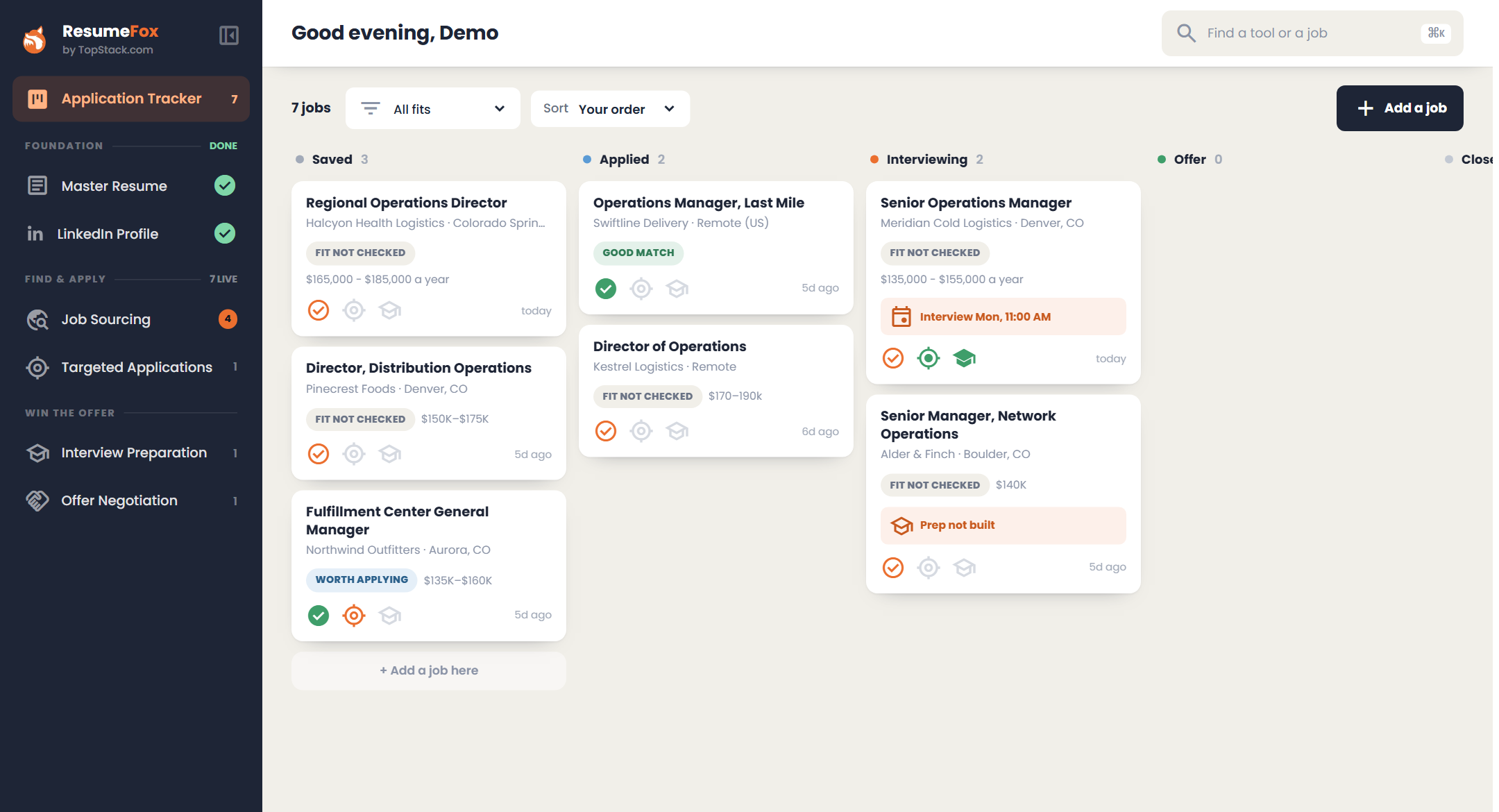 The application tracker: saved jobs as cards in Saved, Applied, Interviewing, Offer and Closed columns, each showing its fit band, salary and what has been built for it, with an upcoming interview flagged on one card